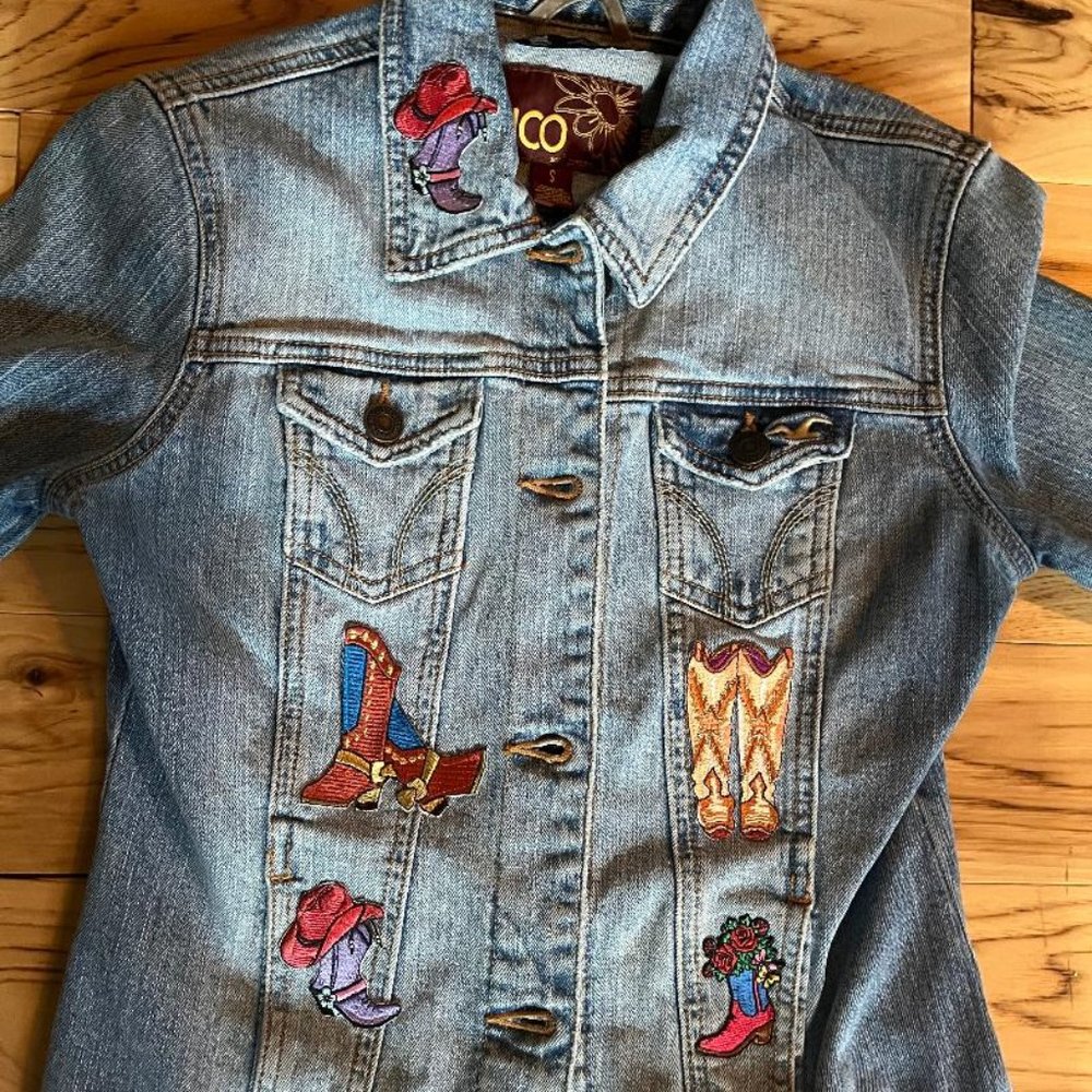 NWOT Womens HCO Surf Co. Jean Jacket , Patchwork and Appliques, PS/Sm